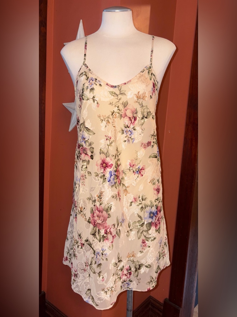 Adonna Vintage Floral sheer Slip Dress - Cream with Pink & Blue Flowers